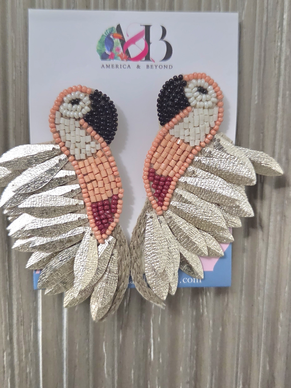 Gold Feather Parrot Bead Earrings in Coral, Cream & Black